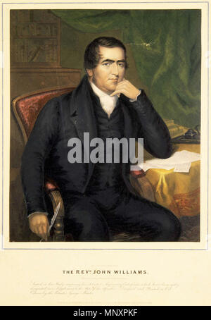 . English: Baxter, George 1804-1867 :The lamented missionary, the Revd. John Williams, who was cruelly massacred at Erromanga... Designed and printed in oil colours by ... George Baxter. London, April 1 1843 Reference Number: B-088-005 Seated portrait of Williams, killed in Vanuatu (the New Hebrides) in 1839. He is in a red armchair Key terms: Part of: Baxter, George 1804-1867 :The lamented missionary, the Revd. John Williams, who was cruelly massacred at Erromanga... Designed and printed in oil colours by ... George Baxter. London, April 1 1843, Reference Number B-088-005 (1 digitised items)  Stock Photo