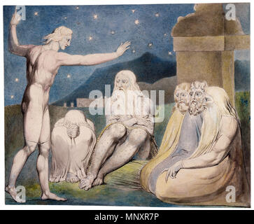 . The Wrath of Elihu, from the Butts set. Pen and black ink, gray wash, and watercolour, over traces of graphite . June 1805.   William Blake  (1757–1827)       Alternative names W. Blake; Uil'iam Bleik  Description British painter, poet, writer, theologian, collector and engraver  Date of birth/death 28 November 1757 12 August 1827  Location of birth/death Broadwick Street Charing Cross  Work location London  Authority control  : Q41513 VIAF: 54144439 ISNI: 0000 0001 2096 135X ULAN: 500012489 LCCN: n78095331 NLA: 35019221 WorldCat 1183 The Wrath of Elihu Butts set Stock Photo