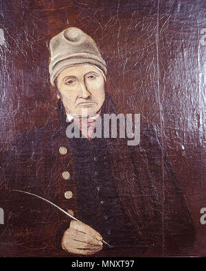 . English: Contmeporary portrait in oils on wood (c. 1790-1800) of Welsh-language dramatist and poet Thomas Edwards (Twm o'r Nant) (1739-1810), by Welsh artist Lewis Hughes. Original in Welsh Folk Museum, St Fagans, Cardiff, Wales. Cymraeg: Portread gyfoes olew ar bren (tua 1790-1800) o'r dramodydd a bardd Cymraeg Thomas Edwards (Twm o'r Nant) (1739-1810), gan yr arlunydd Cymreig Lewis Hughes. Cedwir y gwreiddiol yn Amgueddfa Werin Cymru, Sain Ffagan, Caerdydd, Cymru. between circa 1790 and circa 1800. Lewis Hughes. Source: here 1188 Thomas Edwards (Twm o'r Nant) (1739-1810). Lewis Hughes, c.  Stock Photo