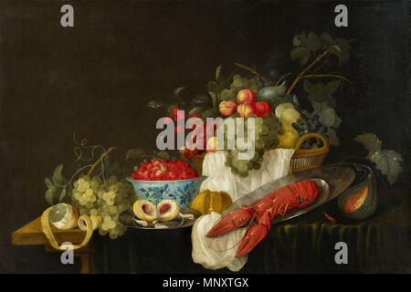 Grapes, nectarines, peaches, plums, figs and a melon in an upturned basket, in a landscape   between 1665 and 1670.   1189 Thomas Mertens (Attr.) - Opulent Still Life with Fruit and a Lobster Stock Photo