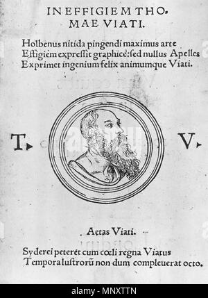 . English: Profile of Sir Thomas Wyatt wearing an antique drape. Woodcut published in John Leland's Naenia in 1548. This woodcut was probably based on a lost Holbein drawing or painting of Wyatt from around 1540. Holbein had already drawn Wyatt in the mid 1530s wearing a hat. Here he is shown balding. Four copies of the lost work, by other hands, survive (see 'Other versions' below for two). Sir Thomas Wyatt (1503?–42) was a diplomat and a gifted poet who introduced the Italian sonnet form to England. He was arrested after the fall of Anne Boleyn, whom he had admired in poetry, but he recovere Stock Photo