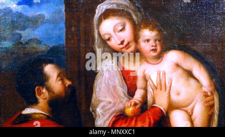 . English: Detail of painting by Titian (Tiziano Vecellino) known as “Virgin Mary with Child and St. Paul” or “Mária gyermekével és Szent Pállal” or “Szűz Mária gyermekével és Szent Pállal” or “Madonna gyermekével és Szent Pállal”. According to the news entry sourced, painting was bought by Magyar Nemzeti Bank and proved original in 2015-07. circa 1510.   Titian  (1490–1576)       Alternative names Tiziano Vecelli; Tiziano Vecellio  Description Italian painter, fresco painter and draughtsman  Date of birth/death between 1485 and 1490 27 August 1576  Location of birth/death Pieve di Cadore Veni Stock Photo