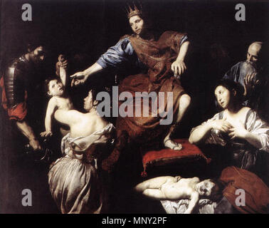 http://www.wga.hu/art/v/valentin/solomoa.jpg    . 'The Judgment of Solomon', Oil on canvas, 174 x 213 cm Galleria Nazionale d'Arte Antica, Rome . circa 1620.   Valentin de Boulogne  (1591–1632)    Alternative names Jean Valentin Le Valentin  Description French painter  Date of birth/death 3 January 1591 (baptised) 20 August 1632 (buried)  Location of birth/death Coulommiers Rome  Work location Rome (1612-1632)  Authority control  : Q1337275 VIAF: 120746211 ISNI: 0000 0001 1580 793X ULAN: 500021073 LCCN: no90018840 WGA: VALENTIN DE BOULOGNE WorldCat 1218 Valentin de Boulogne, Judgment of Solomo Stock Photo