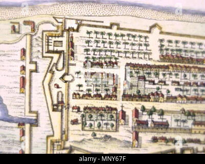 . English: 'Ville de Cochin,' according to Bellin, c.1755 Source: ebay, May 2002 'Ville De Cochin, issued 1755, La Haye, by Jacques Nicolas Bellin, the important French hydrographic engineer, engraved by J. V. Schley. Hundreds of individual houses and buildings can be clearly discerned, including several towers, garden plots, and the walls of the fortified city. Several sailing ships are seen as well, plus the topography of the land outside the fort walls. With expert and attractive full hand color. This is the less common Dutch version, with text in both French and Dutch.' . 1755. Bellin 1237 Stock Photo