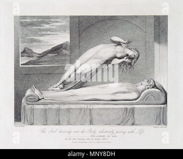 . English: Robert Blair, The Grave, object 7 (Bentley435.6) The Soul hovering over the Body reluctantly parting with Life . 30 January 2003, 11:35:43.   William Blake  (1757–1827)       Alternative names W. Blake; Uil'iam Bleik  Description British painter, poet, writer, theologian, collector and engraver  Date of birth/death 28 November 1757 12 August 1827  Location of birth/death Broadwick Street Charing Cross  Work location London  Authority control  : Q41513 VIAF: 54144439 ISNI: 0000 0001 2096 135X ULAN: 500012489 LCCN: n78095331 NLA: 35019221 WorldCat     This is a faithful photographic r Stock Photo