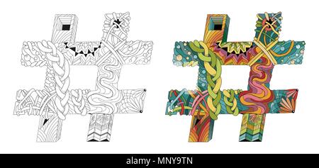 Hand-painted art design. Picturesque, colorful zentangle hashtag. Color and outline set Stock Vector