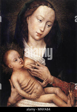 English: Madonna with Child .  English: Madonna with Child, attributed to Rogier van der Weyden (or workshop), with extensive restoration and additions by Jef Van der Veken during the first part of the 20th century. This painting formed part of the Renders Collection which was sold to Nazi leader Hermann Göring during World War II. The painting is therefore often referred to as the 'Renders Madonna' . 1450s.   1256 Weyden Portrait Diptych of Jean de Gros (left wing) Stock Photo