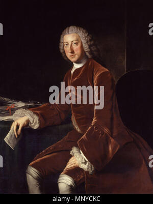 William Pitt, later First Earl of Chatham (1708–1778) .  English: Portrait of the British statesman William Pitt, 1st Earl of Chatham (1708–1778), at three-quarter length, grey wig falling behind shoulders; rich brown velvet suit, white cravat, shirt and wrist ruffles; on the table an inkstand, pen and papers, a letter in his right hand; brown interior background; lit from left. . circa 1754.   1267 William Pitt, 1st Earl of Chatham by William Hoare Stock Photo