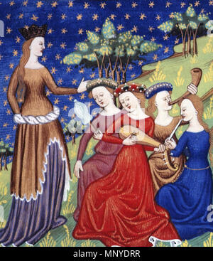 English: Women playing music .  English: Queen with four attendant maidens playing musical instruments. French translation of De claris mulieribus. . Early 15th century.    Giovanni Boccaccio  (1313–1375)       Description Italian author and poet  Date of birth/death between June 1313 and July 1313 21 December 1375  Location of birth/death Certaldo Certaldo  Work period 14th century  Authority control  : Q1402 VIAF: 64002165 ISNI: 0000 0001 2101 8590 ULAN: 500314560 LCCN: n78087605 NLA: 35019743 WorldCat 1273 Women playing music Stock Photo