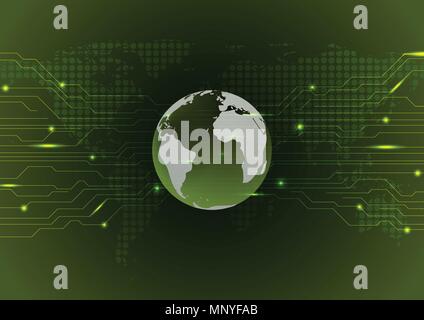 Dark green abstract technology circuit board background. Vector glowing design with dotted world map and earth globe Stock Vector