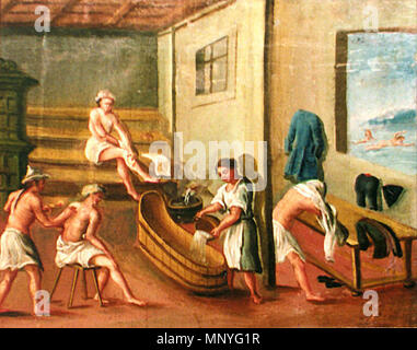 . English: Late 18th- century educational picture board from the school of Zlatá Koruna (near Český Krumlov). Bath scene. 18th century. Anonymous 1284 Zlata Koruna Bath Stock Photo