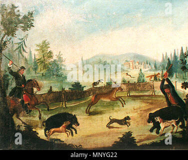 . English: Late 18th- century educational picture board from the school of Zlatá Koruna (near Český Krumlov). Hunting scene. 18th century. Anonymous 1284 Zlata Koruna Hunting Stock Photo