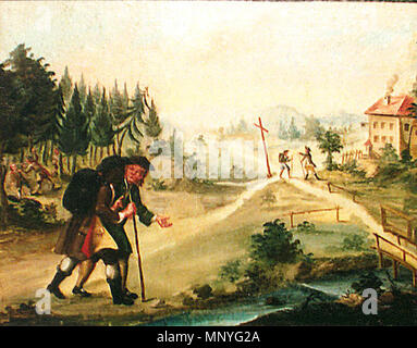 . English: Late 18th- century educational picture board from the school of Zlatá Koruna (near Český Krumlov). Pilgrims. 18th century. Anonymous 1284 Zlata Koruna Pilgrims Stock Photo