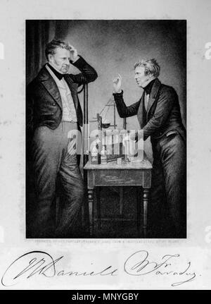Portrait of Faraday and Daniell .  English: Portrait of Michael Faraday (22 September 1791 – 25 August 1867) John Frederic Daniell (12 March 1790 – 13 March 1845)  from Sketches of the Royal Society and Royal Society Club by Sir John Barrow, Bart., F.R.S. London : John Murray, 1849, facing page 85. Under the picture are signatures for Faraday and Daniell, then the note: 'ENGRAVED BY GEO. BARCLAY, GERRARD ST. SOHO. FROM A DAGUERROTYPE BY MR. BEARD.'  . circa 1840. Sir John Barrow, 1st Baronet, 1764-1848 1286 Faraday and Daniell 1849 RGNb10408769 f85 Stock Photo