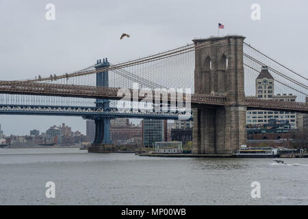 View of Brooklyn Bridge over the Hudson river in New York, USA. April 30, 2018 Stock Photo