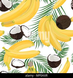 Banana, coconut, whole and pieces with palm leaves isolated on white background. Colorful botanical vector ilustration. Vintage tropic design Stock Vector