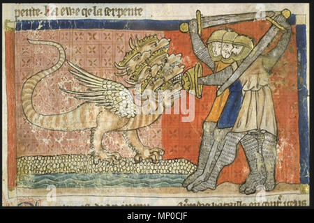 Français : Dragon de l'Apocalypse sortant de la mer ; combat contre le Dragon de l'Apocalypse English: Dragon of the Apocalypse emerges from sea; fight against Dragon .  English: Seven-headed dragon of the apocalypse (Beast of Revelation) against humans, from a French/Anglo-Norman verse Apocalypse fol. 27v[1] . between circa 1220 and circa 1270.   1201 Toulouse ms 815-027v-dragon-de-lapocalypse Stock Photo