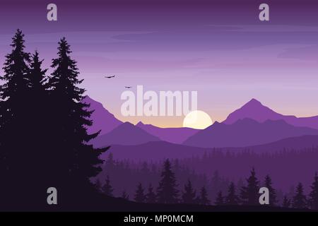 Mountain landscape with forest under a purple morning sky with rising sun, birds and clouds - vector Stock Vector