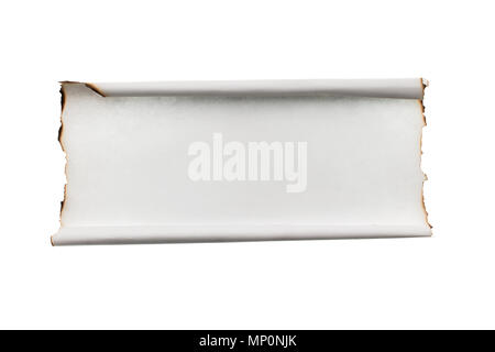 Rolled-up piece of paper with the scorched edges. Isolated on white background Stock Photo