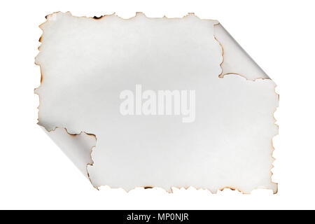 Rolled-up piece of paper with the scorched edges. Isolated on white background Stock Photo