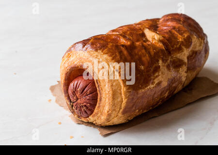 Fresh Baked Sausage Rolls with Croissant. Baked Food. Stock Photo