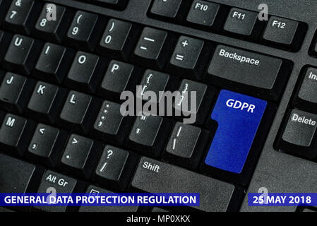 blue keyboard key with text GDPR as symbol for Privacy and General Data Protection Regulation on a notebook computer Stock Photo