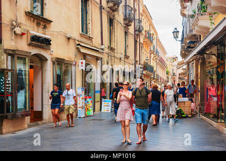 Taormina, Italy - September 25, 2017: Tourists at Corso Umberto street in Taormina, Sicily, Italy Stock Photo