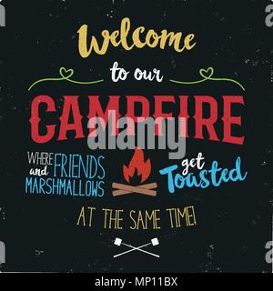 Vintage typography poster Illustration. Welcome to our campfire with Grunge effect. Funny T-Shirt design with camping symbols - bonfire and marshmallow. Stock vector Stock Vector