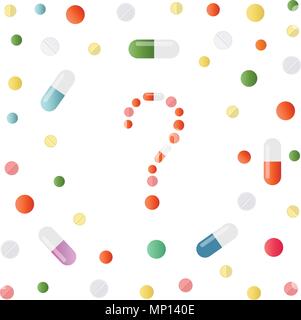 Question mark made of colored pills and capsules on white background. Medicine background with drugs, pills, tablets, capsules and vitamins. What medi Stock Vector
