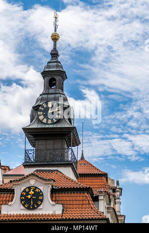 Tower and roof of High Synagogue with double clock in Prague Stock Photo