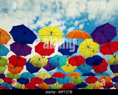 Colorful umbrellas hanging above a city street isolated on blue sky background. Bright urban decoration. Stock Photo