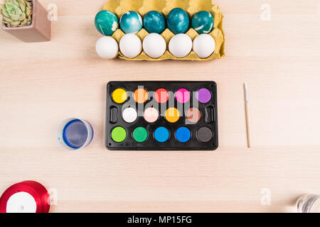 Happy easter, organic eggs and painting color preparing  for easter day festival holiday, easter concept backgrounds with copy space Stock Photo