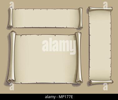 Set of three vector Engraved illustrations of blank scrolls. Each Scroll on separate layer, Lines, Engraving, Highlights, Color and Drop Shadow neatly Stock Vector