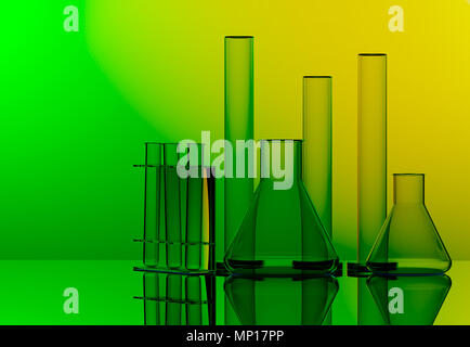 Chemical lab equipment - Erlenmeyer flask, test tubes and glass cylinder - on green and yellow background: 3D illustration Stock Photo