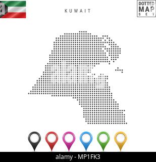 Vector Dotted Map of Kuwait. Simple Silhouette of Kuwait. The National Flag of Kuwait. Set of Multicolored Map Markers Stock Vector