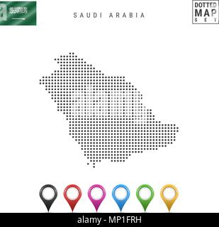 Vector Dotted Map of Saudi Arabia. Simple Silhouette of Saudi Arabia. Saudi Arabia Flag. Set of Multicolored Map Markers Stock Vector