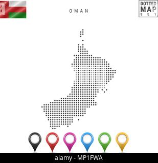 Vector Dotted Map of Oman. Simple Silhouette of Oman. The National Flag of Oman. Set of Multicolored Map Markers Stock Vector