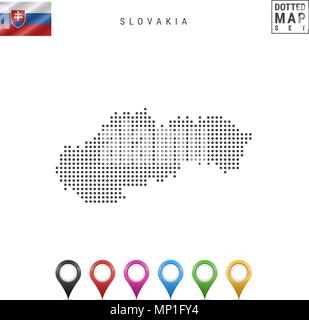 Vector Dotted Map of Slovakia. Simple Silhouette of Slovakia. National Flag of Slovakia. Set of Multicolored Map Markers Stock Vector