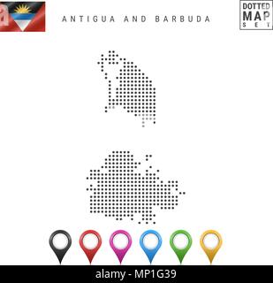 Vector Dotted Map of Antigua and Barbuda. Simple Silhouette of Antigua and Barbuda. National Flag. Map Markers Set Stock Vector