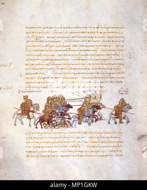 . English: A miniature depicting the defeat of the Georgian king George I ('Georgios of Abasgia') by the Byzantine emperor Basil. Skylitzes Matritensis, fol. 195v. George is shown as fleeing on horseback on the right and Basil holding a shield and lance on the left. 12th century. Unknown 1128 Skylitzes. Basil II vs Georgians Stock Photo