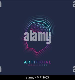 Artificial Intelligence and Machine Learning Logo Concept. Human head outline with brain icon. Vector symbol AI. Brain Logotype Template. Stock Vector