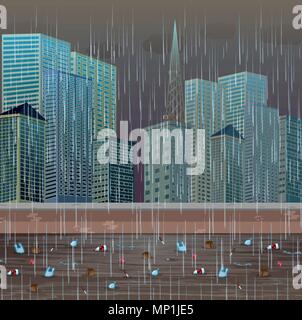 Dirty Water Pollution Rainy Night illustration Stock Vector