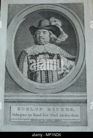 .  English: Portrait of Roelof Bicker by Jacobus Houbraken dated 1780. Notes on the engraving state that Jacobus Houbraken made the engraving when he was 82 years old, and the painting is a detail from the large painting by Bartholomeus van der Helst hanging in the Amsterdam city hall, showing Bicker as captain of the civil guard. . 1780.    Jacobus Houbraken  (1698–1780)     Alternative names Jacobus Houbraken  Description Dutch printmaker, draughtsman, engraver and illustrator  Date of birth/death 25 December 1698 14 November 1780  Location of birth/death Dordrecht Amsterdam  Work period 171 Stock Photo