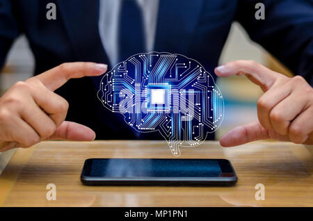 concept of thinking.background with brain CPU Mind series technology symbols  subject of computer science, artificial Stock Photo