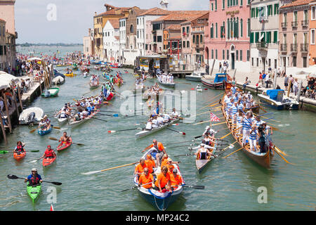 Venice, Veneto, Italy. 20th May 2018. Diversity of boats  participating in the 44th Vogalonga Regatta  rowing on the Cannaregio Canal. This is a non-competitive regatta celebrating the art of rowing and any man-powered craft may enter.  Around 2100 boats are said to have entered this year. Credit MCpics/Alamy Live News Stock Photo
