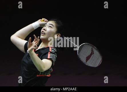 Bangkok, Thailand. 21st May, 2018. Gao Fangjie of team China competes against Marie Batomene of team France during the BWF Uber Cup 2018 group D match in Bangkok, Thailand, on May 21, 2018. Team China won 5-0. Credit: Wang Shen/Xinhua/Alamy Live News Stock Photo