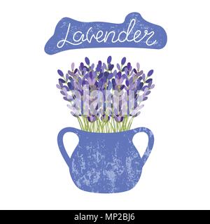 Lavender flowers in a vase. Lettering lavender Stock Vector