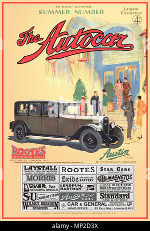 Vintage 1930 'The Autocar' magazine summer number featuring an Austin 20hp Ranelagh Limousine car with main sponsorship by Rootes Picadilly London Stock Photo