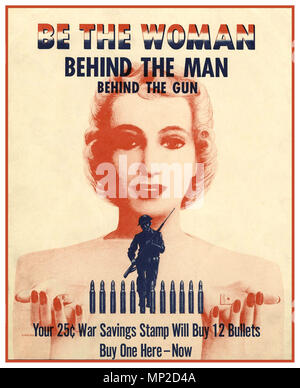 WW2 Propaganda Vintage USA War Savings Poster 25c War Savings Stamps 'Be the woman behind the man behind the gun' American WWII poster 1942 Stock Photo