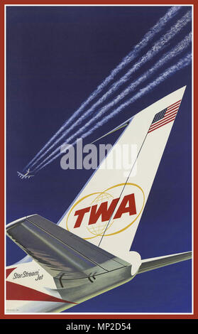 Vintage 1960's Travel Poster - TWA Airlines - Jet planes on a blue